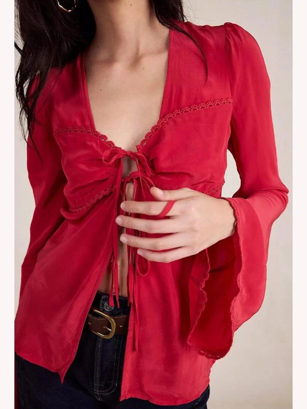 Free people Bali Ariel Tunic Tie Top Embroidered Lace Bell Sleeve Solid M 288706